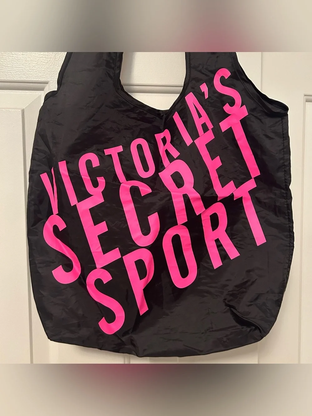 Victoria's Secret Sport Foldable Reusable Shopping Tote Bag Black Pink Logo
